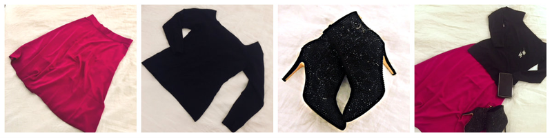 Satin skirt + off-the shoulder top + beaded booties = cocktail party